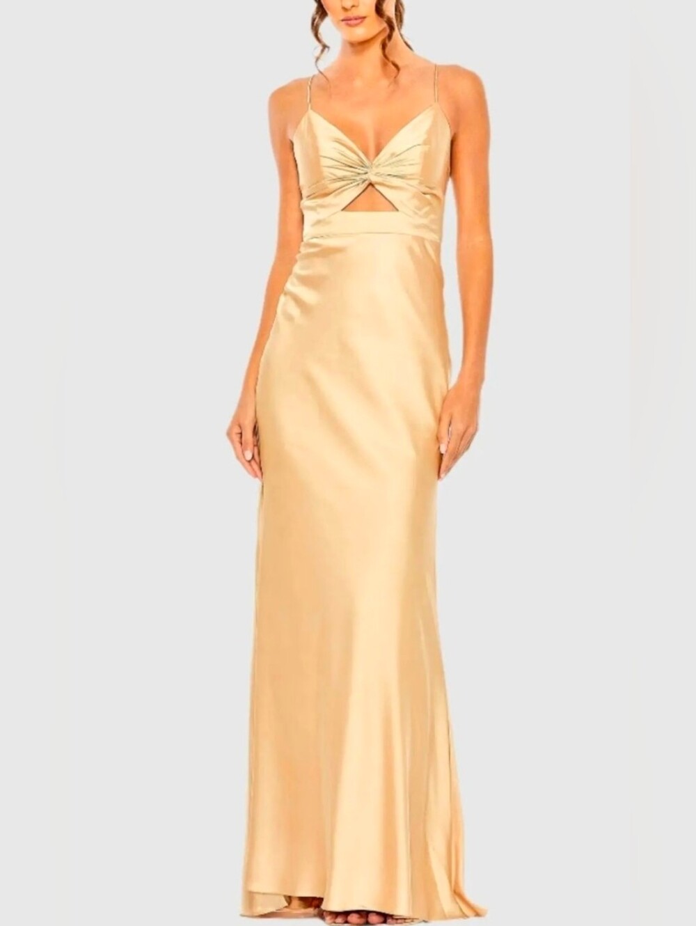 NWT MAC DUGGAL 68347 Gold Satin Twist-Front Slip Dress Size 2